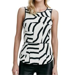 TIBI Zebra Print Wool Silk Blend Sleeveless Cream Black Abstract Peplum Top 2